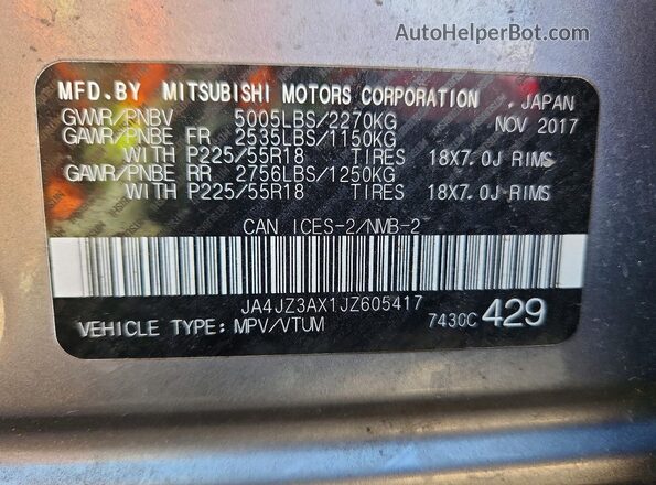JA4JZ3AX1JZ605417 2018 MITSUBISHI OUTLANDER Gray VIN sticker view