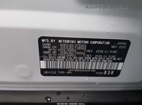 JA4T5WA90SZ040795 2025 MITSUBISHI OUTLANDER PHEV White ძრავის განყოფილების ხედი