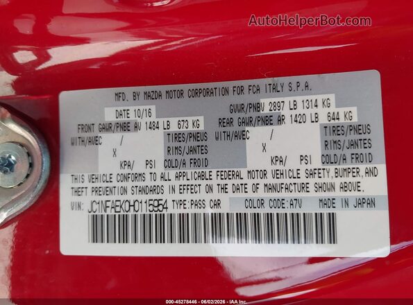 JC1NFAEK0H0115954 2017 FIAT 124 SPIDER Red Շարժիչի բաժամունքի տեսք