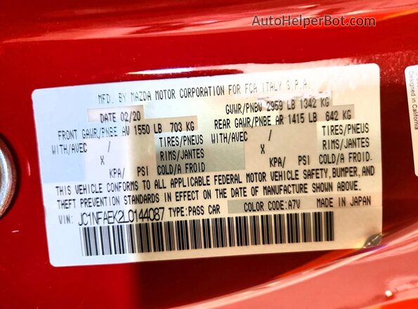 JC1NFAEK2L0144087 2020 FIAT 124 Red Engine compartment view