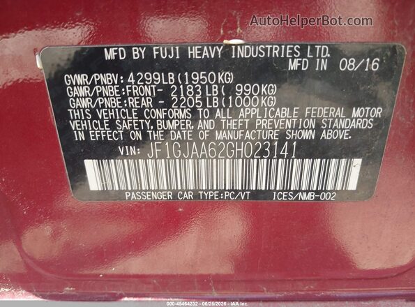 JF1GJAA62GH023141 2016 SUBARU IMPREZA Burgundy Vista del compartimento del motor
