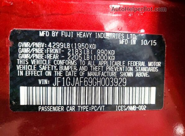 JF1GJAF69GH003929 2016 SUBARU IMPREZA Red Շարժիչի բաժամունքի տեսք