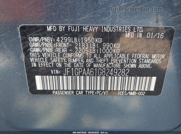 JF1GPAA61G8249282 2016 SUBARU IMPREZA Blue Widok komory silnika