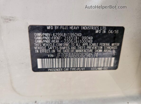 JF1GPAA68G8294574 2016 SUBARU IMPREZA White 