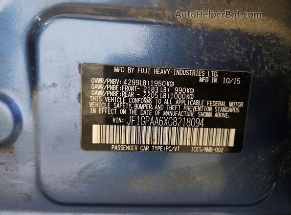 JF1GPAA6XG8218094 2016 SUBARU IMPREZA Blue Вид підкапотного простору