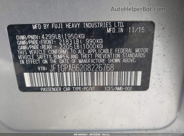 JF1GPAB62G8226768 2016 SUBARU IMPREZA Silver Vista del compartimento del motor