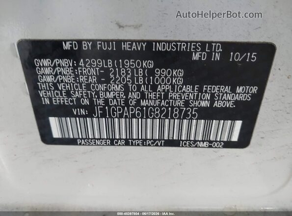 JF1GPAP61G8218735 2016 SUBARU IMPREZA White Շարժիչի բաժամունքի տեսք
