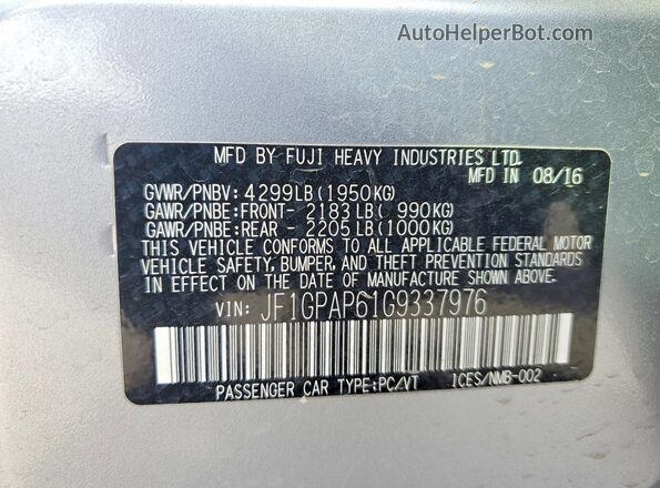 JF1GPAP61G9337976 2016 SUBARU IMPREZA Silver Widok naklejki z numerem VIN