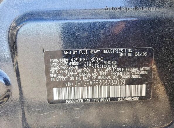 JF1GPAP63G8284039 2016 SUBARU IMPREZA Black Engine compartment view