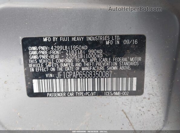 JF1GPAP65G8350087 2016 SUBARU IMPREZA Silver Vista del compartimento del motor