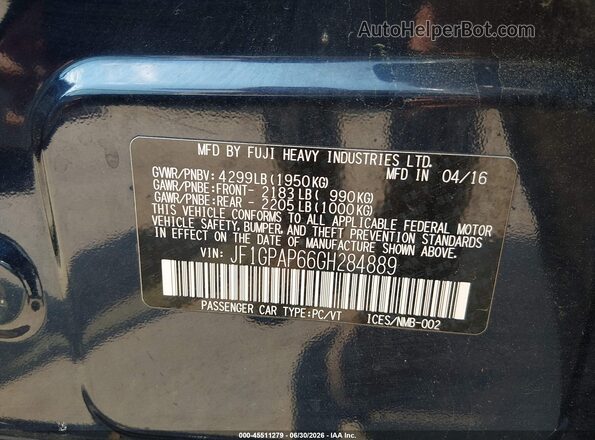 JF1GPAP66GH284889 2016 SUBARU IMPREZA Blue Engine compartment view