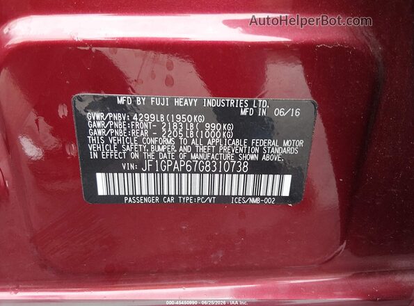 JF1GPAP67G8310738 2016 SUBARU IMPREZA Red Շարժիչի բաժամունքի տեսք
