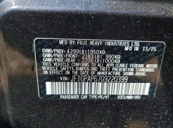 JF1GPAP67G9220399 2016 SUBARU IMPREZA Charcoal VIN կոդի պիտակի տեսք