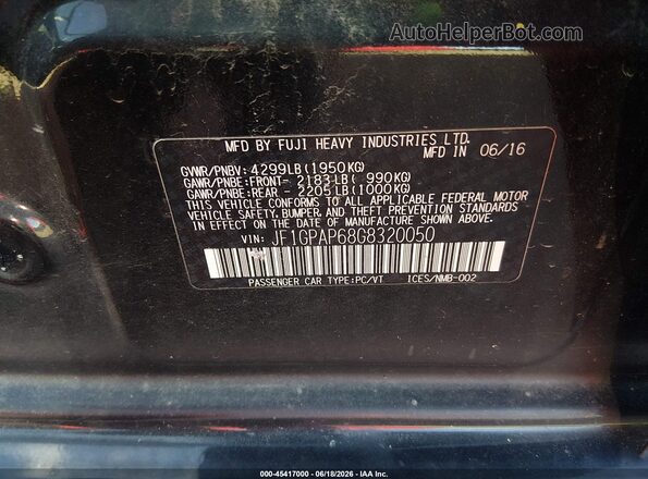 JF1GPAP68G8320050 2016 SUBARU IMPREZA Black Vista del compartimento del motor