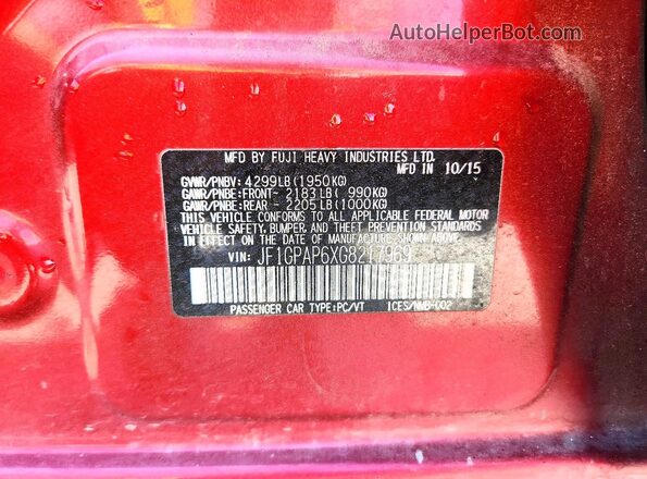 JF1GPAP6XG8217969 2016 SUBARU IMPREZA Red Շարժիչի բաժամունքի տեսք