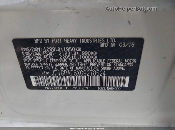 JF1GPAP6XG9278524 2016 SUBARU IMPREZA Black ძრავის განყოფილების ხედი