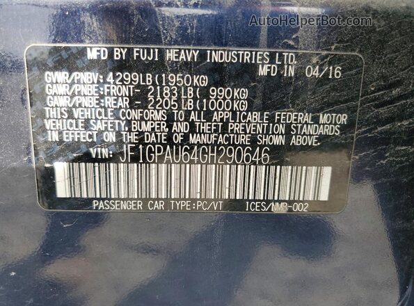 JF1GPAU64GH290646 2016 SUBARU IMPREZA Синий Вид подкапотного пространства