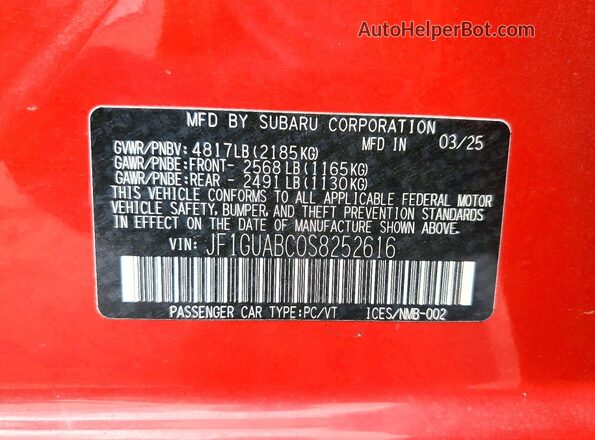 JF1GUABC0S8252616 2025 SUBARU IMPREZA Red Շարժիչի բաժամունքի տեսք