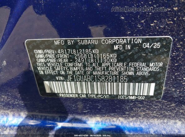 JF1GUABC1S8281185 2025 SUBARU IMPREZA Blue ძრავის განყოფილების ხედი