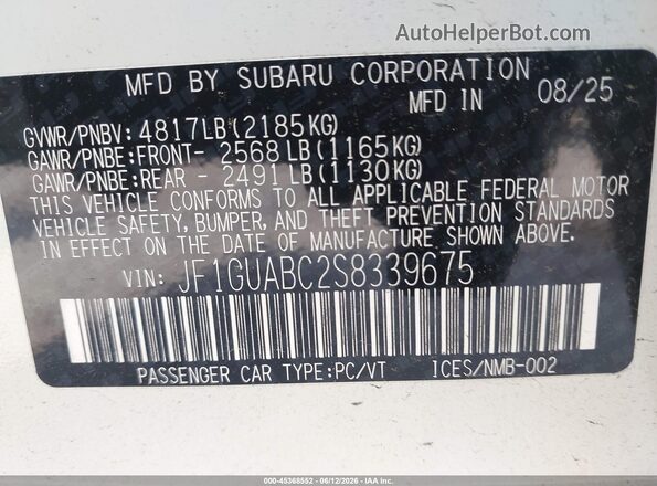 JF1GUABC2S8339675 2025 SUBARU IMPREZA White ძრავის განყოფილების ხედი