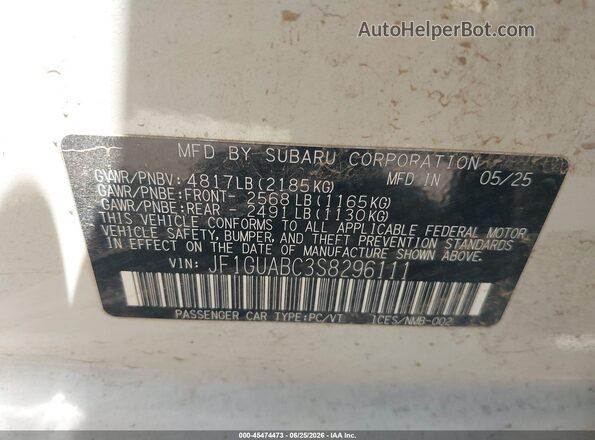 JF1GUABC3S8296111 2025 SUBARU IMPREZA White Widok komory silnika