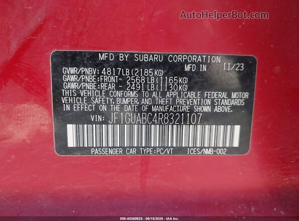 JF1GUABC4R8321107 2024 SUBARU IMPREZA Красный Вид подкапотного пространства