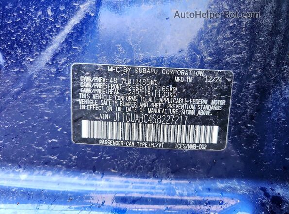 JF1GUABC4S8227217 2025 SUBARU IMPREZA Blue Панорамний вид салону 360°