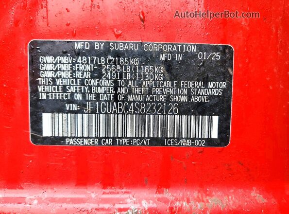 JF1GUABC4S8232126 2025 SUBARU IMPREZA Red VIN կոդի պիտակի տեսք