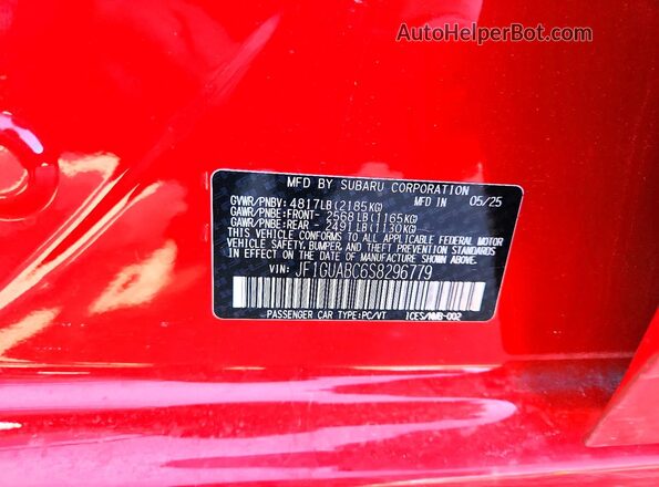 JF1GUABC6S8296779 2025 SUBARU IMPREZA Red Widok naklejki z numerem VIN