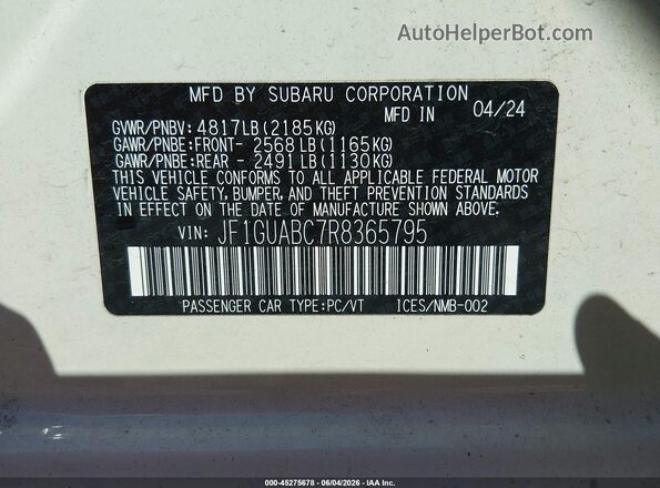 JF1GUABC7R8365795 2024 SUBARU IMPREZA White Vista del compartimento del motor