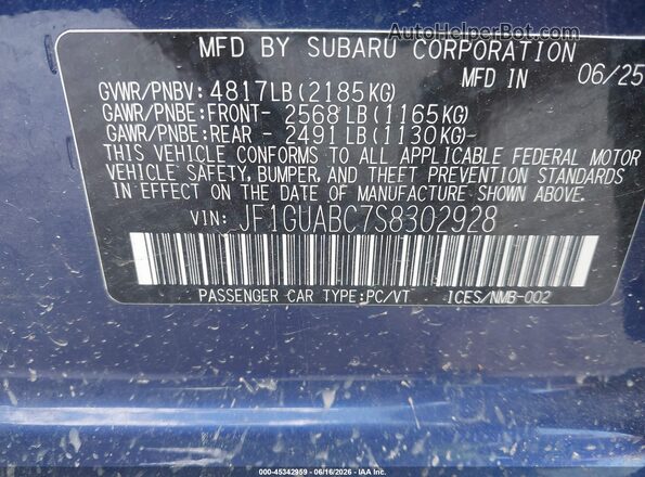 JF1GUABC7S8302928 2025 SUBARU IMPREZA Blue Engine compartment view