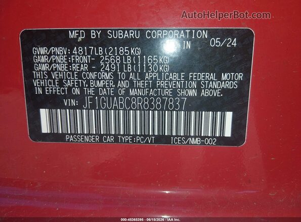 JF1GUABC8R8387837 2024 SUBARU IMPREZA Red Vista del compartimento del motor
