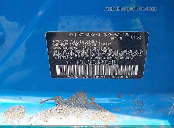 JF1GUABC8R8904151 2024 SUBARU IMPREZA Blue Widok komory silnika