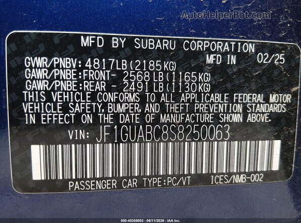 JF1GUABC8S8250063 2025 SUBARU IMPREZA Blue ძრავის განყოფილების ხედი