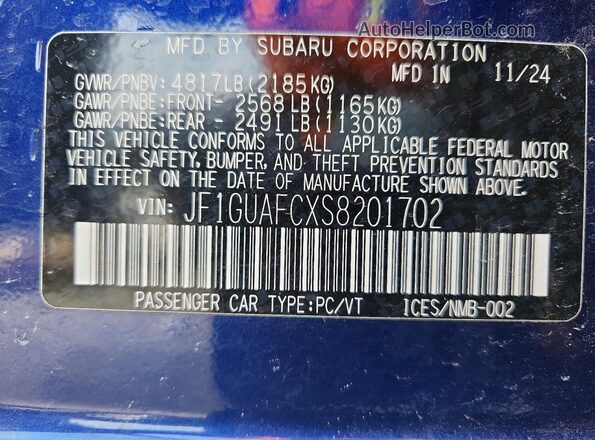 JF1GUAFCXS8201702 2025 SUBARU IMPREZA Blue VIN sticker view