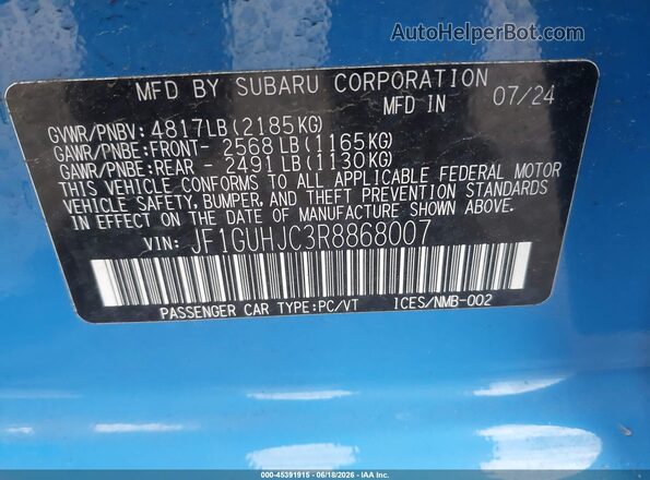 JF1GUHJC3R8868007 2024 SUBARU IMPREZA Blue Շարժիչի բաժամունքի տեսք