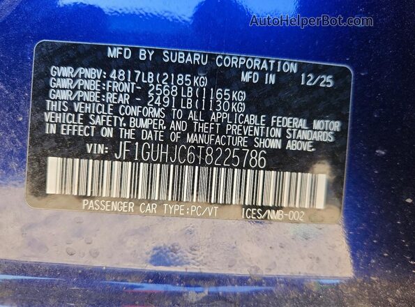 JF1GUHJC6T8225786 2026 SUBARU IMPREZA Blue Vista de la etiqueta del VIN