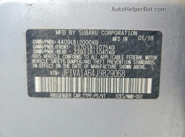 JF1VA1A64J9829068 2018 SUBARU WRX Silver Widok naklejki z numerem VIN