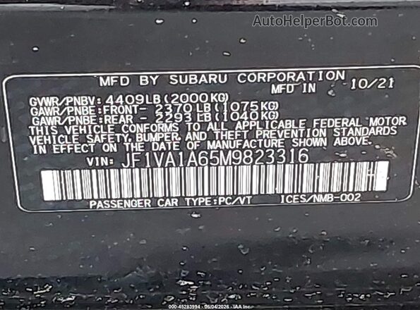 JF1VA1A65M9823316 2021 SUBARU WRX Black Vista del compartimento del motor