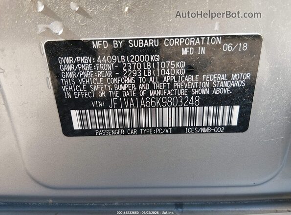 JF1VA1A66K9803248 2019 SUBARU WRX Silver Вид підкапотного простору