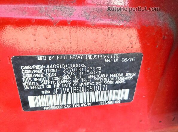 JF1VA1B60H9810171 2017 SUBARU WRX Красный Вид подкапотного пространства