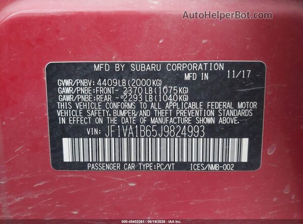 JF1VA1B65J9824993 2018 SUBARU WRX Red Vista del compartimento del motor