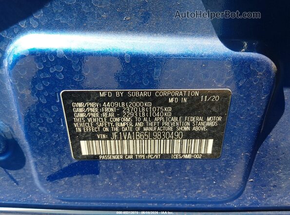 JF1VA1B65L9830490 2020 SUBARU WRX Blue Vista del compartimento del motor