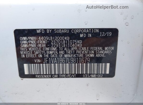 JF1VA1B67L9811679 2020 SUBARU WRX White ძრავის განყოფილების ხედი