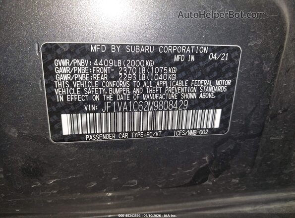JF1VA1C62M9808429 2021 SUBARU WRX Gray Вид підкапотного простору