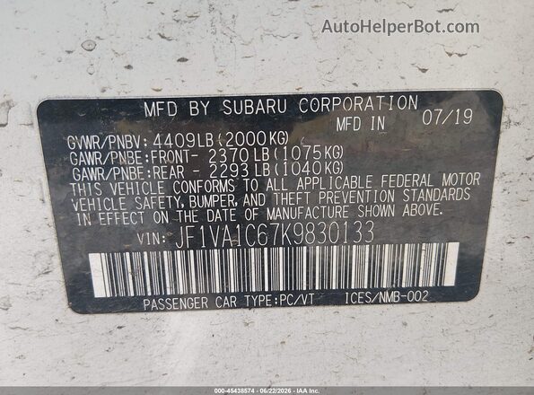 JF1VA1C67K9830133 2019 SUBARU WRX Белый Вид подкапотного пространства
