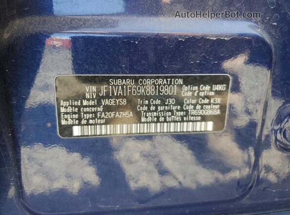 JF1VA1F69K8819801 2019 SUBARU WRX Blue Engine compartment view
