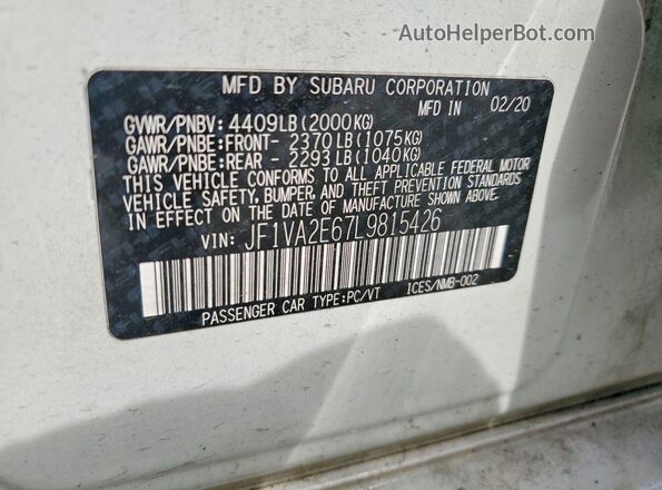 JF1VA2E67L9815426 2020 SUBARU WRX Белый Вид подкапотного пространства