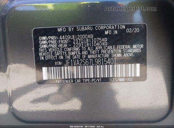 JF1VA2S67L9815401 2020 SUBARU WRX STI Gray Շարժիչի բաժամունքի տեսք