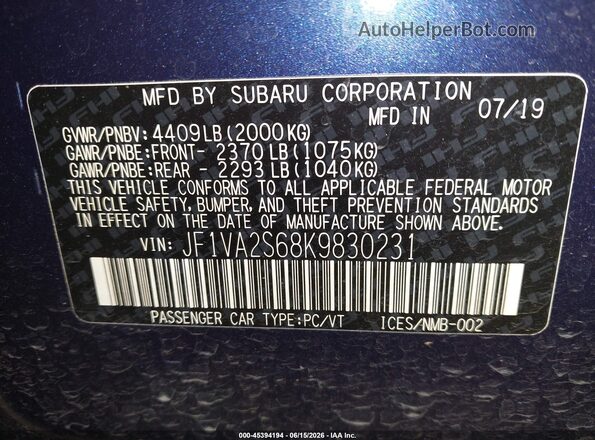 JF1VA2S68K9830231 2019 SUBARU WRX STI Blue Вид підкапотного простору